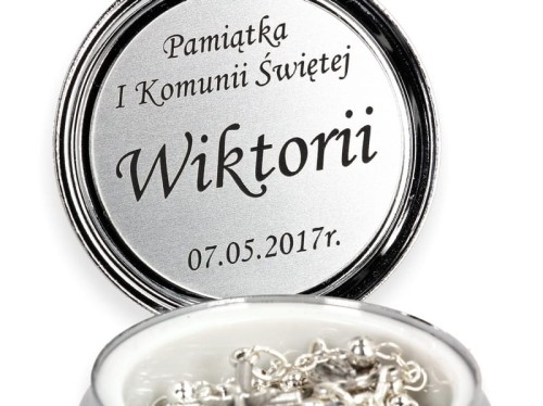 Różaniec w pudełku ze SREBRNĄ hostią IHS