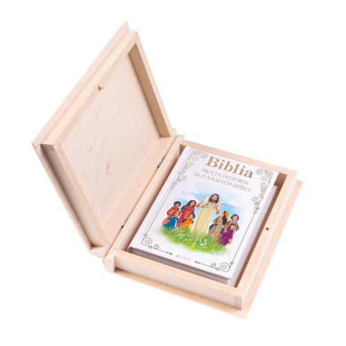 Biblia w pudełku drewnianym EKO ♻ z nadrukiem UV - Pamiątka I Komunii Świętej