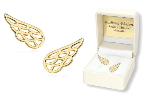 Pozłacane kolczyki pr.925 w pudełku z grawerem SKRZYDŁA ANIOŁA