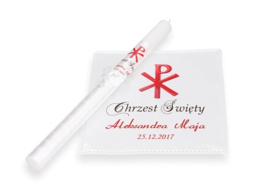 Zestaw do Chrztu z MEDALIKIEM i monogramem CHRYSTUSA - czerwień 
