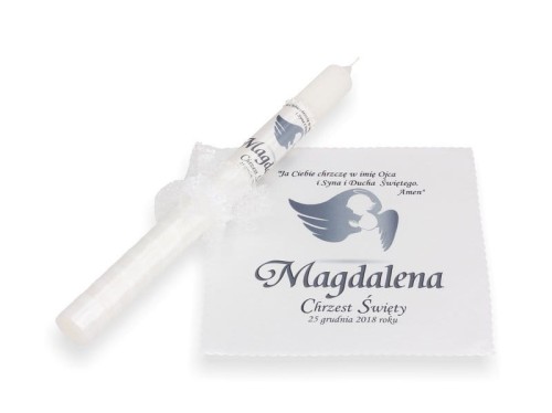 Świeca i szatka do chrztu z imieniem i ozdobnym stroikiem MGIEŁKA (chusta)