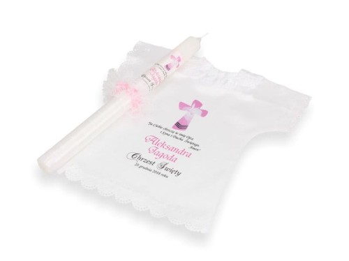 Świeca i szatka do chrztu z imieniem i ozdobnym stroikiem MGIEŁKA (szatka)