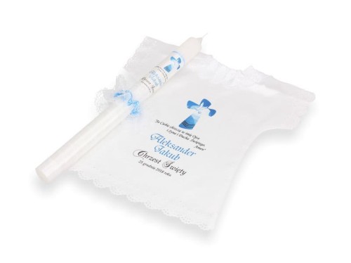 Świeca i szatka do chrztu z imieniem i ozdobnym stroikiem MGIEŁKA (szatka)