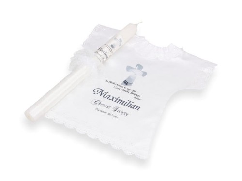 Świeca i szatka do chrztu z imieniem i ozdobnym stroikiem MGIEŁKA (szatka)