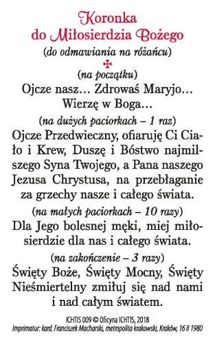 Karta modlitwa - Koronka do Miłosierdzia Bożego