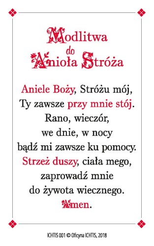 Karta modlitwa - Modlitwa do Anioła Stróża 8,5x5,4cm