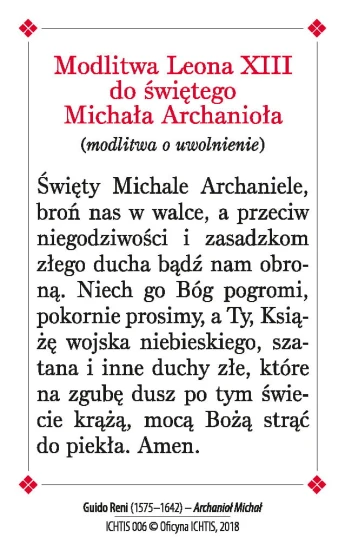 Modlitwa Leona XIII do świętego Michała Archanioła 8,5x5,4cm