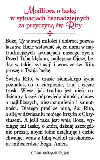 Karta modlitwa - św. Rita 8,5x5,4cm