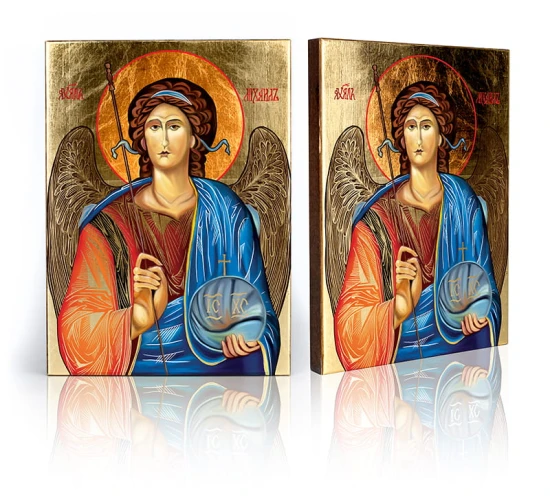 Ikona przedstawia Archanioła Michała na złoconym tle, w czerwono-niebieskich szatach.