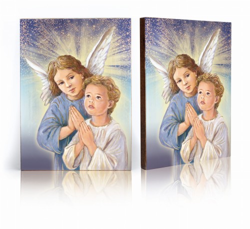 Ikona ręcznie wykonana - Anioł Stróż, biało - niebieski