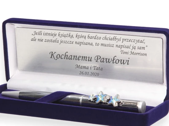 Długopis zdobiony kryształkami Swarovski w pudełku GRANAT z grawerem PREZENT