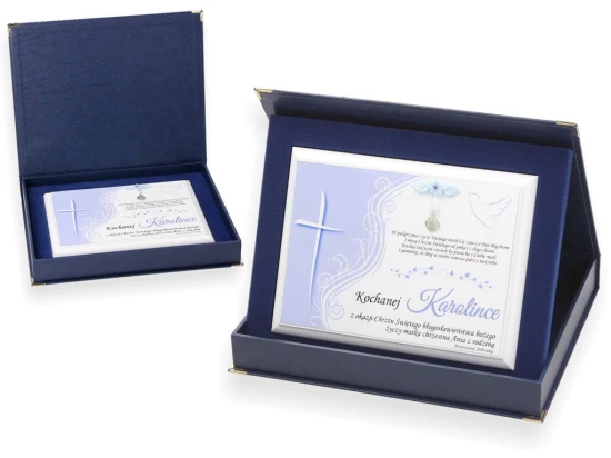 Pamiątkowa statuetka w etui ze EkoSkóry - prezent z medalikiem Chrzest Święty