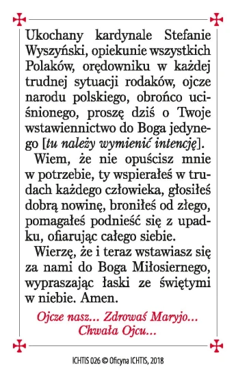 Karta modlitwa - kard. Stefan Wyszyński 8,5x5,4 cm
