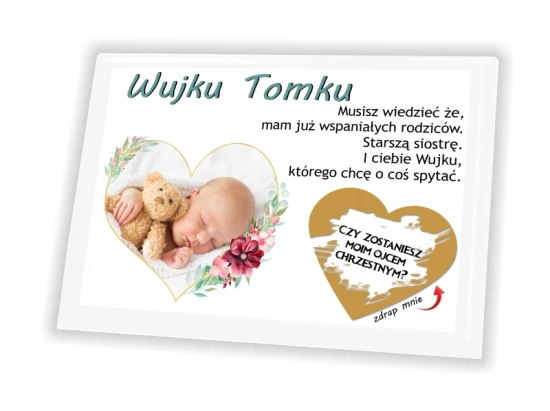 Pamiątka ZDRAPKA na panelu ze zdjęciem - Pytanie do rodziców Chrzestnych
