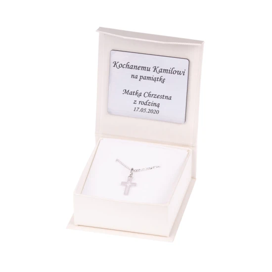 BIAŁE ZŁOTO krzyżyk łańcuszek pr. 585 DEDYKACJA