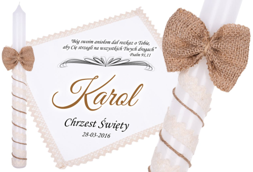 Eko zestaw KOLORY ZIEMI ♻ ŚWIECA I SZATKA z nadrukiem - Pamiątka Chrztu Gromnica na Chrzest