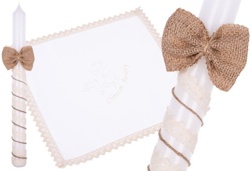 Eko zestaw KOLORY ZIEMI ♻ ŚWIECA I SZATKA z haftem - Pamiątka Chrztu Gromnica na Chrzest