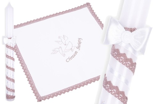 Eko zestaw KOLORY ZIEMI ♻ ŚWIECA I SZATKA z haftem - Pamiątka Chrztu Gromnica na Chrzest