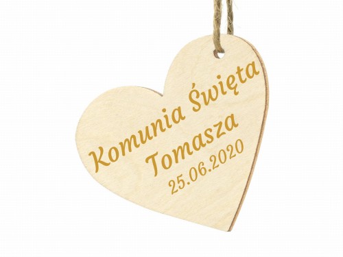 Wizytówka na stół - Drewniane serduszko z grawerem KOMUNIA
