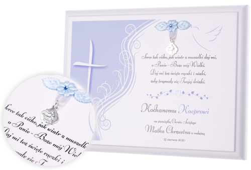 Wyjątkowa pamiątka na białym podkładzie - prezent z medalikiem Chrzest Święty NADRUK UV