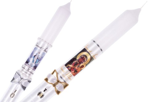 Imienna świeca zdobiona srebrnym medalikiem - Matka Boska gromnica CHRZEST