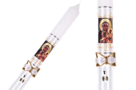 Imienna świeca zdobiona srebrnym medalikiem - Matka Boska gromnica CHRZEST