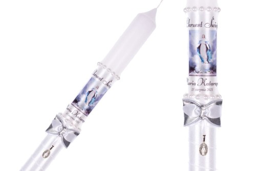 Imienna świeca zdobiona srebrnym medalikiem - Matka Boska gromnica CHRZEST