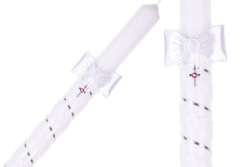 Świeca koronkowa zdobiona srebrnym medalikiem - koronka gromnica CHRZEST KOMUNIA