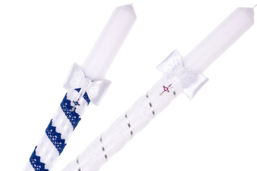 Świeca koronkowa zdobiona srebrnym medalikiem - koronka gromnica CHRZEST KOMUNIA