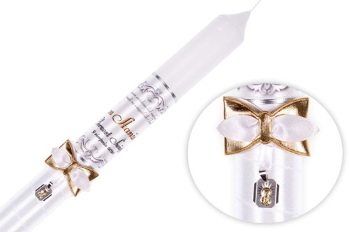 Imienna świeca zdobiona srebrnym medalikiem BIAŁY VINTAGE