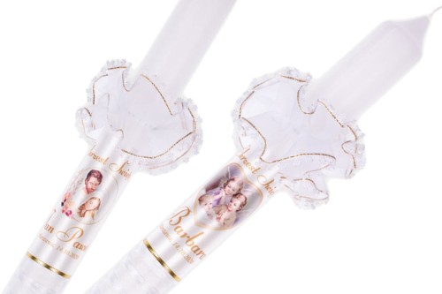 Imienna świeca na Chrzest - gromnica z szyfonową osłonką