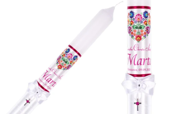 Świeca na Chrzest FolkStyle® - motyw "łowicki" plus srebrny krzyżyk z cyrkonią