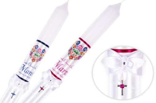 Świeca na Chrzest FolkStyle® - motyw "łowicki" plus srebrny krzyżyk z cyrkonią