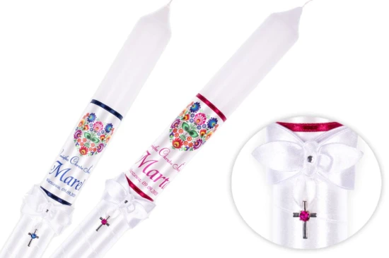 Świeca na Chrzest FolkStyle® - motyw "łowicki" plus srebrny krzyżyk z cyrkonią
