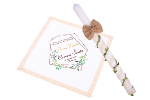 Eko zestaw GREEN ♻ ŚWIECA I SZATKA z nadrukiem - Pamiątka Chrztu Gromnica na Chrzest