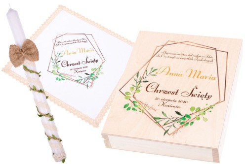 Eko zestaw ♻ PUDEŁKO ŚWIECA SZATKA z nadrukiem - Pamiątka Chrztu Gromnica na Chrzest