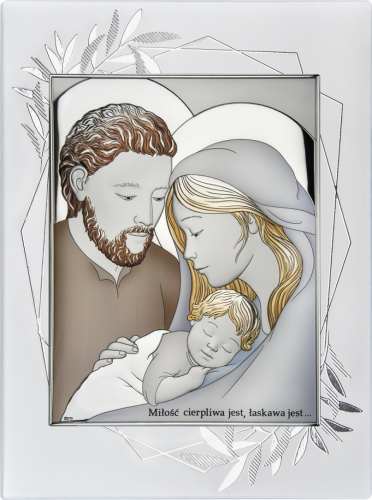 Obrazek srebrny - Święta Rodzina na ozdobnym panelu - 19,5x14,5