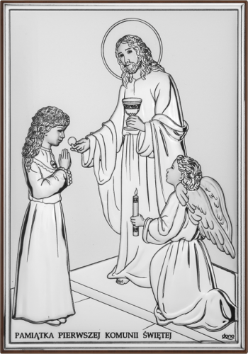 Srebrny obrazek z Jezusem udzielającym Komunii Świętej jako pamiątka uroczystości.