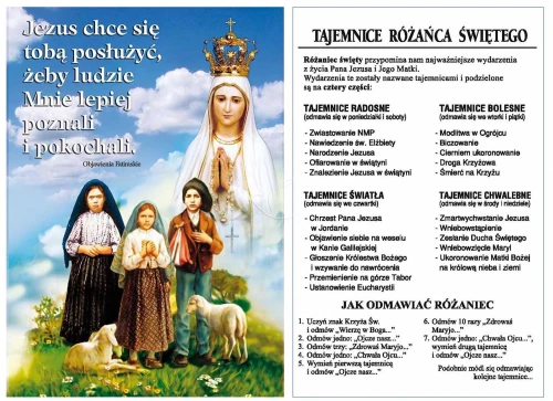 Przód przedstawia Matkę Bożą Fatimską, troje pastuszków oraz owce na tle krajobrazu.