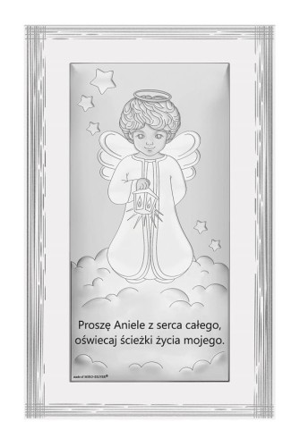 Obrazek srebrny - Aniołek z latarenką na chmurce na białym panelu