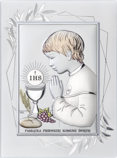 Srebrny obrazek z modlącym się chłopcem i symbolem Eucharystii jako pamiątka Pierwszej Komunii Świętej.