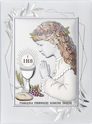 Srebrny obrazek z modlącą się dziewczynką i symbolem Eucharystii jako pamiątka Pierwszej Komunii Świętej.