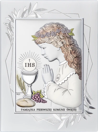 Srebrny obrazek z modlącą się dziewczynką i symbolem Eucharystii jako pamiątka Pierwszej Komunii Świętej.