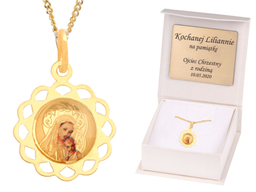 Matka Boska z dzieciątkiem ZŁOTY ZESTAW medalik łańcuszek pr. 585 DEDYKACJA - Pamiątka Prezent