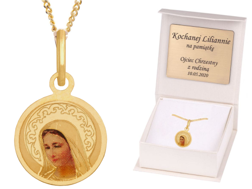 Matka Boska ZŁOTY ZESTAW medalik łańcuszek pr. 585 DEDYKACJA - Pamiątka Prezent