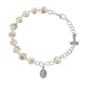 Różaniec bransoletka z krzyżem tau oraz medalikiem / szkło weneckie/