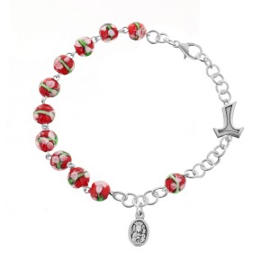 Różaniec bransoletka z krzyżem tau oraz medalikiem / szkło weneckie/