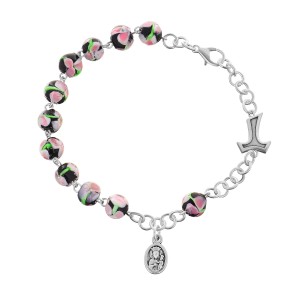 Różaniec bransoletka z krzyżem tau oraz medalikiem / szkło weneckie/