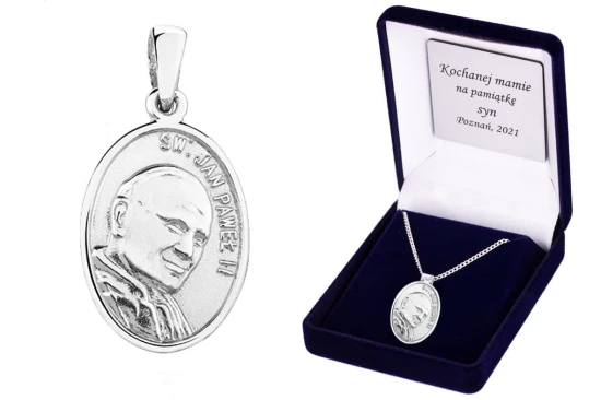 Srebrny medalik KAROL WOJTYŁA łańcuszek pr. 925 DEDYKACJA - Pamiątka Prezent