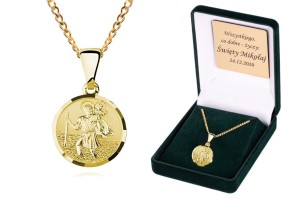 Święty Krzysztof - medalik łańcuszek pr. 925  złocone DEDYKACJA - Pamiątka Prezent